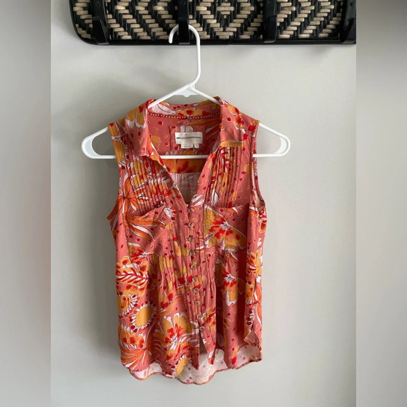 Vera by Anthropologie Orange Floral Sleeveless Blouse - Size Small - EUC! - Picture 3 of 8